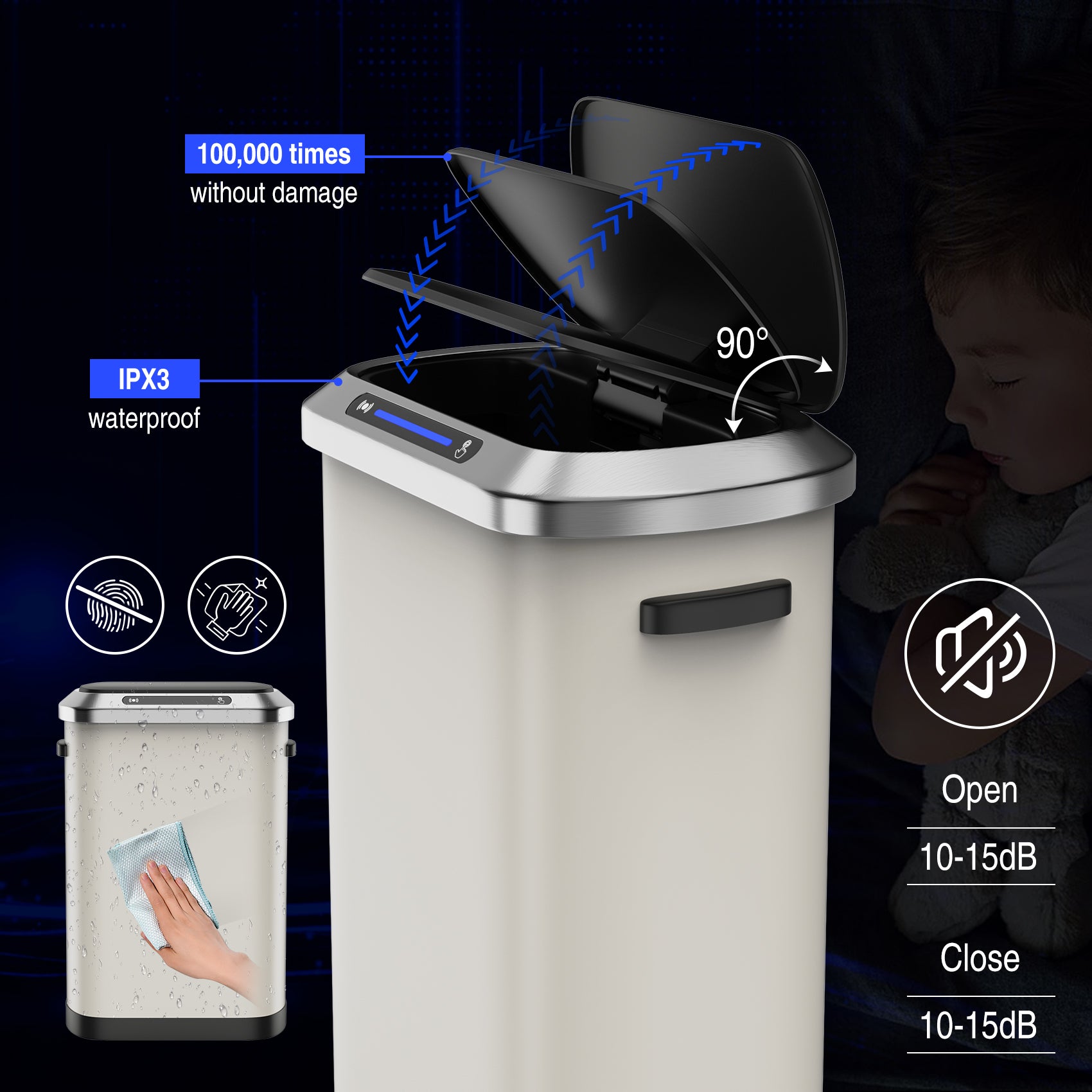 50L Smart Automatic Trash Cans Full Intelligent Sensor White White Steel