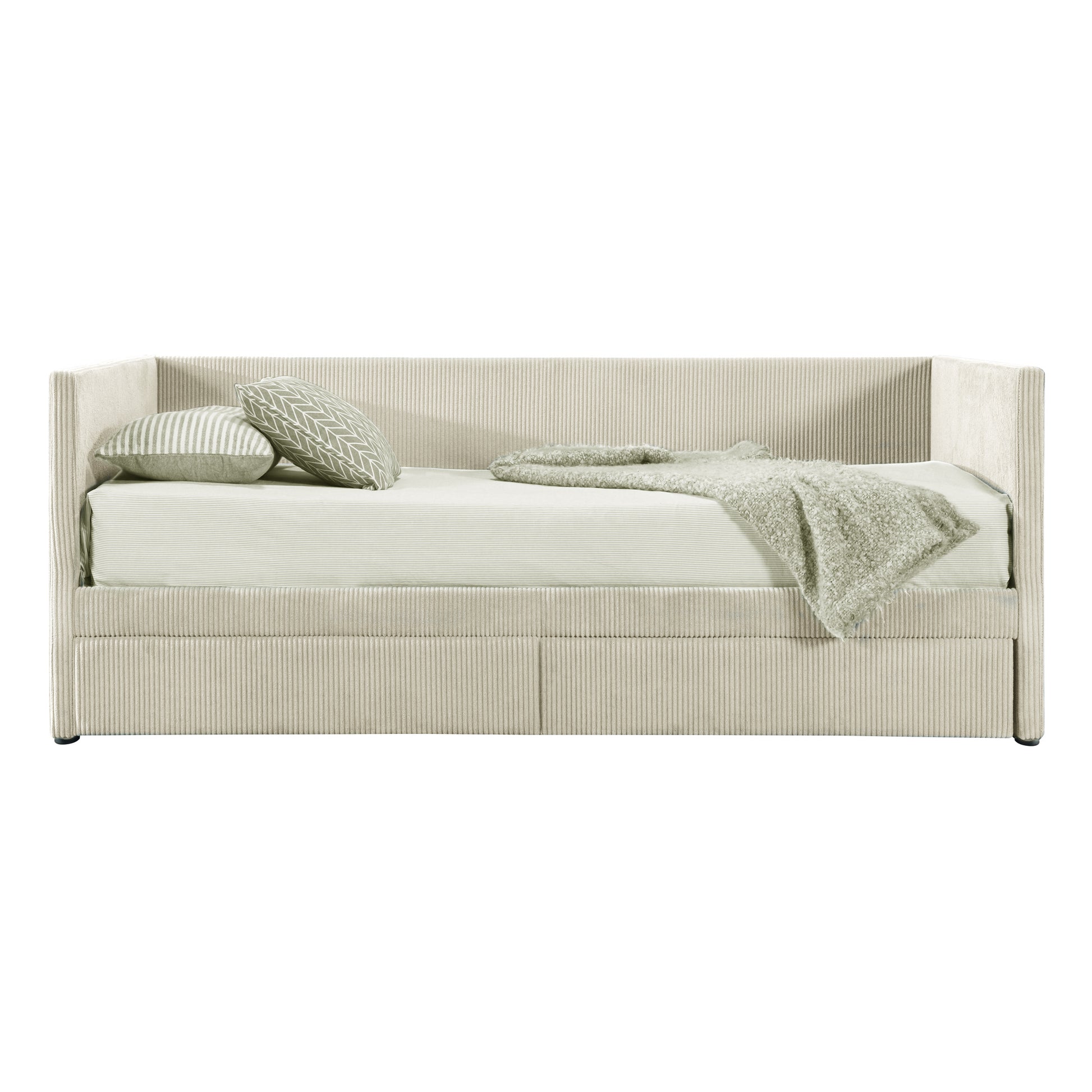 Twin Size Corduroy Daybed With Two Drawers And Wood Slat, Beige Beige Corduroy