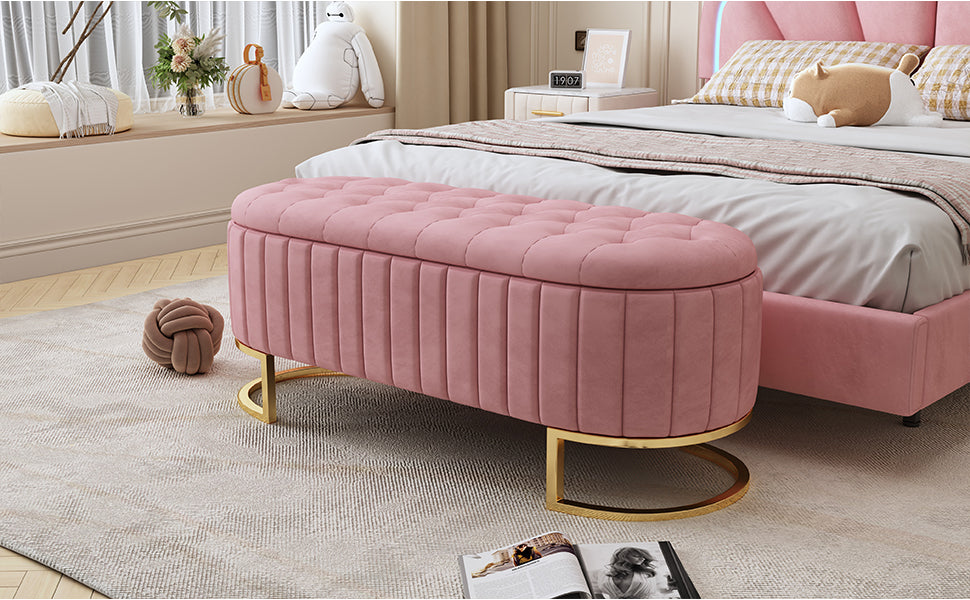 Elegant Upholstered Velvet Storage Ottoman With Button Tufted,Storage Bench With Metal Legs For Bedroom,Living Room,Fully Assembled Except Legs,Pink Pink Velvet