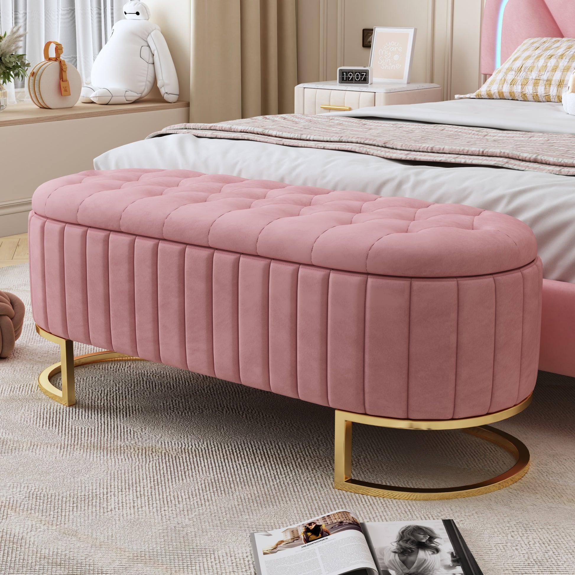 Elegant Upholstered Velvet Storage Ottoman With Button Tufted,Storage Bench With Metal Legs For Bedroom,Living Room,Fully Assembled Except Legs,Pink Pink Velvet