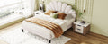 Queen Size Upholstered Platform Bed With Flower Pattern Velvet Headboard, Beige Beige Velvet