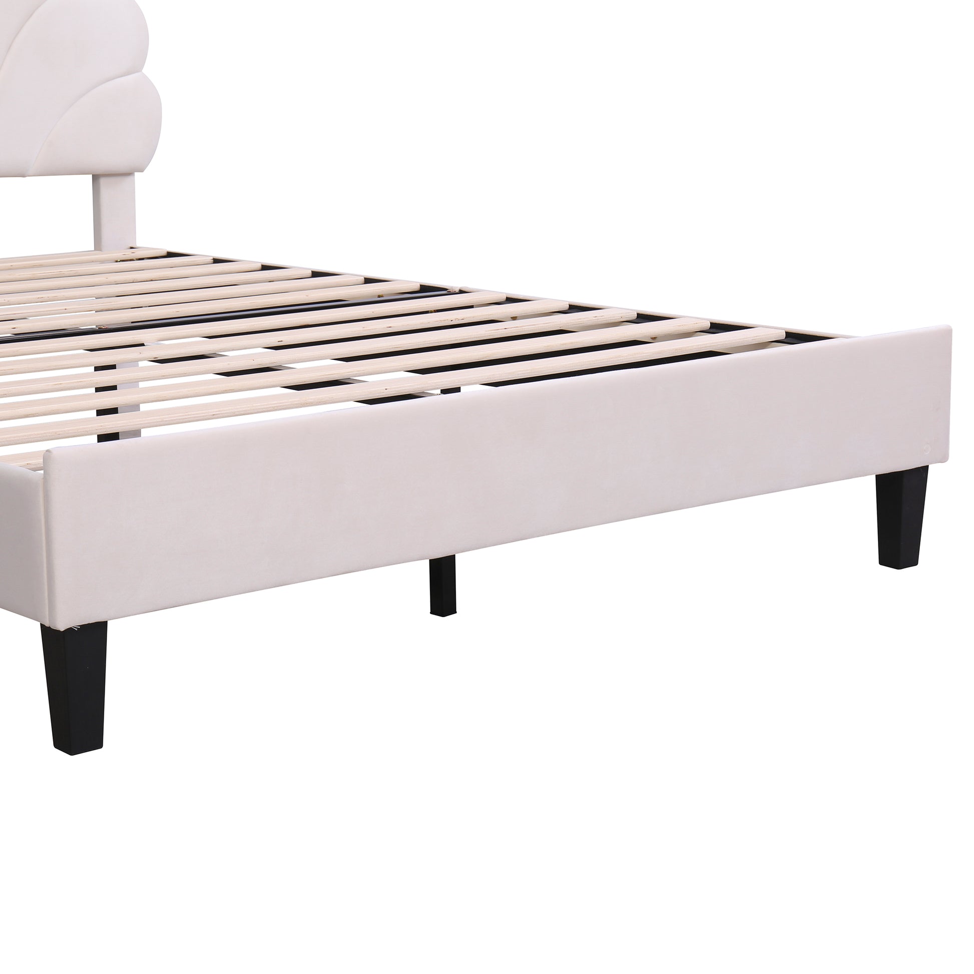 Queen Size Upholstered Platform Bed With Flower Pattern Velvet Headboard, Beige Beige Velvet