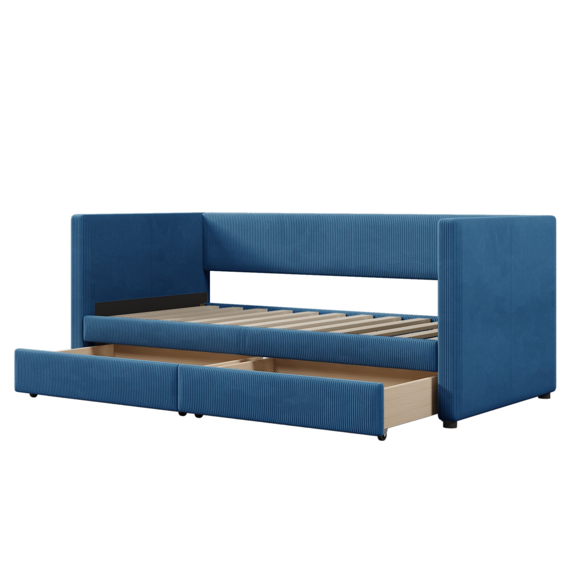 Twin Size Corduroy Daybed With Two Drawers And Wood Slat, Blue Blue Corduroy