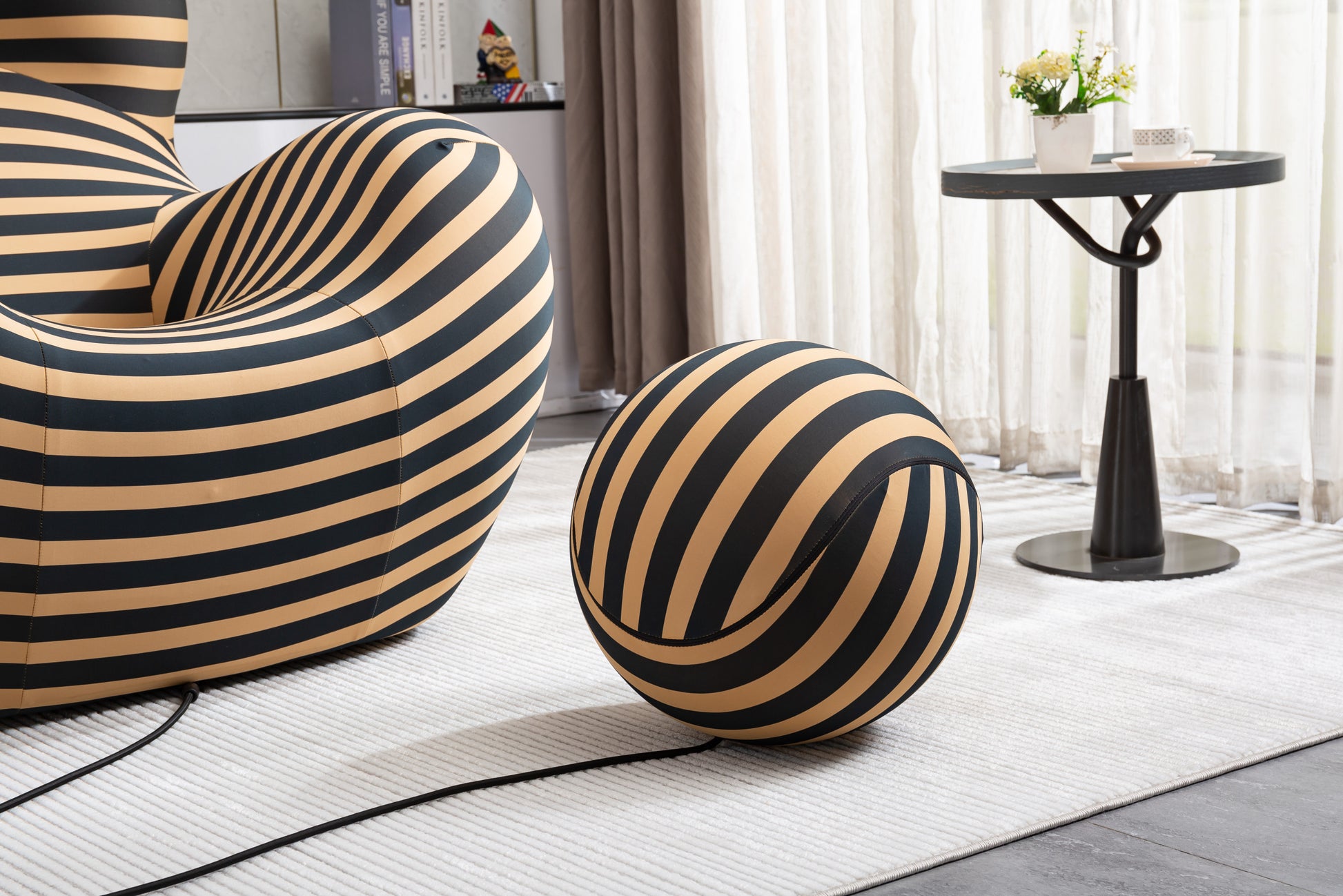 Barrel Chair With Ottoman, Mordern Comfy Stripe Chair For Living Room 3 Colors, 2 Size , Black & Yellow Stripe And Large Size Black Foam Polyester