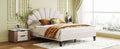 Queen Size Upholstered Platform Bed With Flower Pattern Velvet Headboard, Beige Beige Velvet