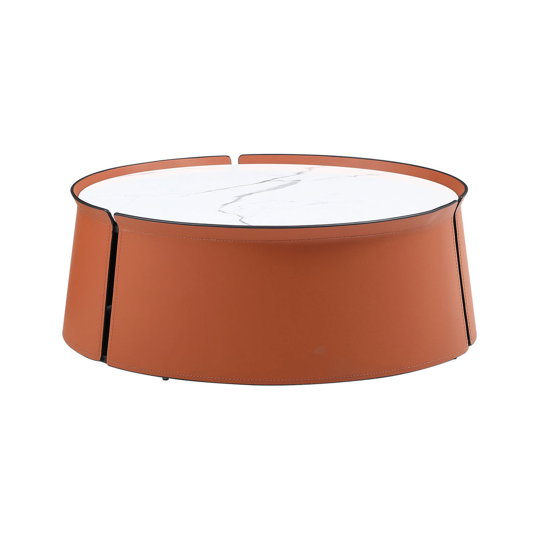 Not Available On 31.5Inch Coffee Table, Marble Top Orange Saddle Leather Body Iron Frame Orange Metal