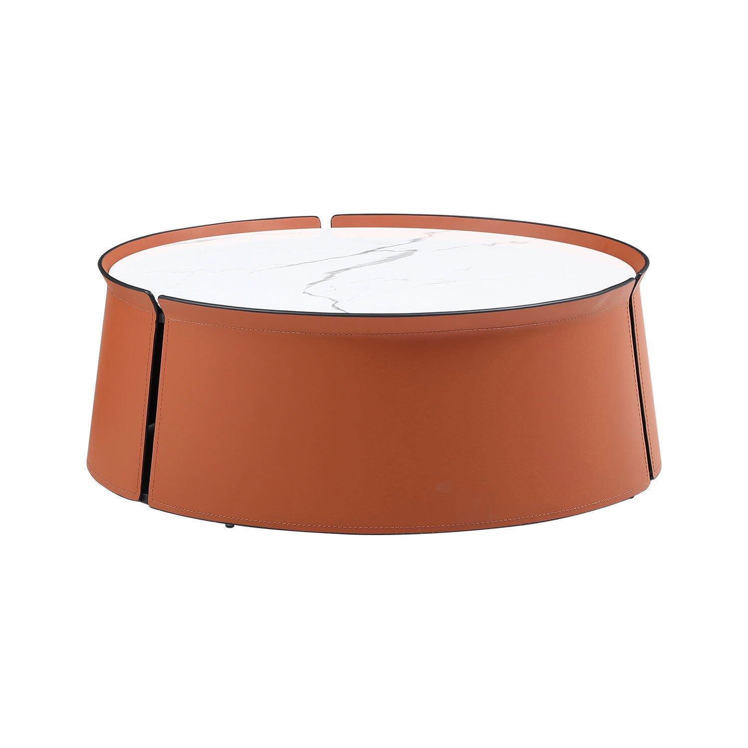 Not Available On 31.5Inch Coffee Table, Marble Top Orange Saddle Leather Body Iron Frame Orange Metal