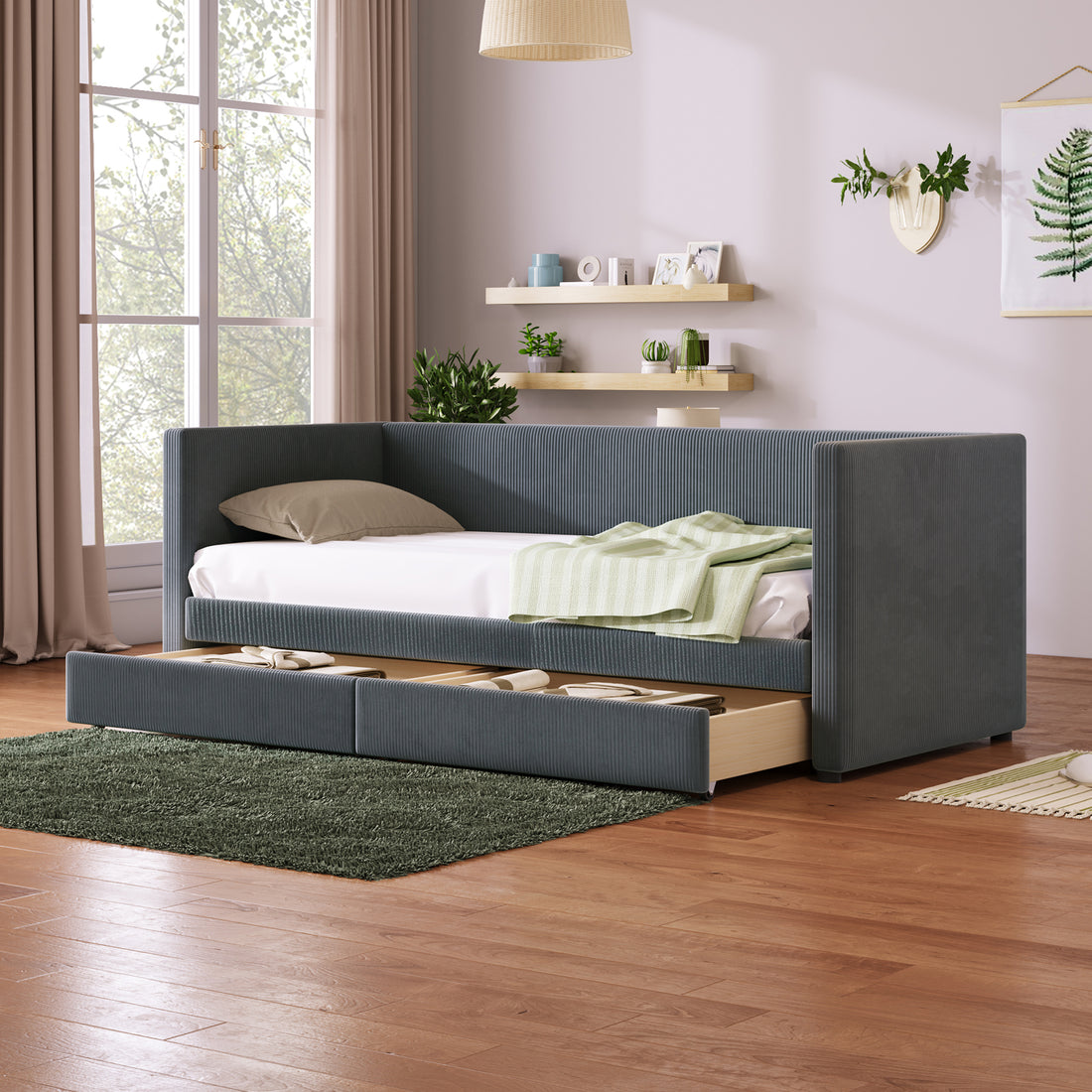 Twin Size Corduroy Daybed With Two Drawers And Wood Slat, Gray Gray Corduroy