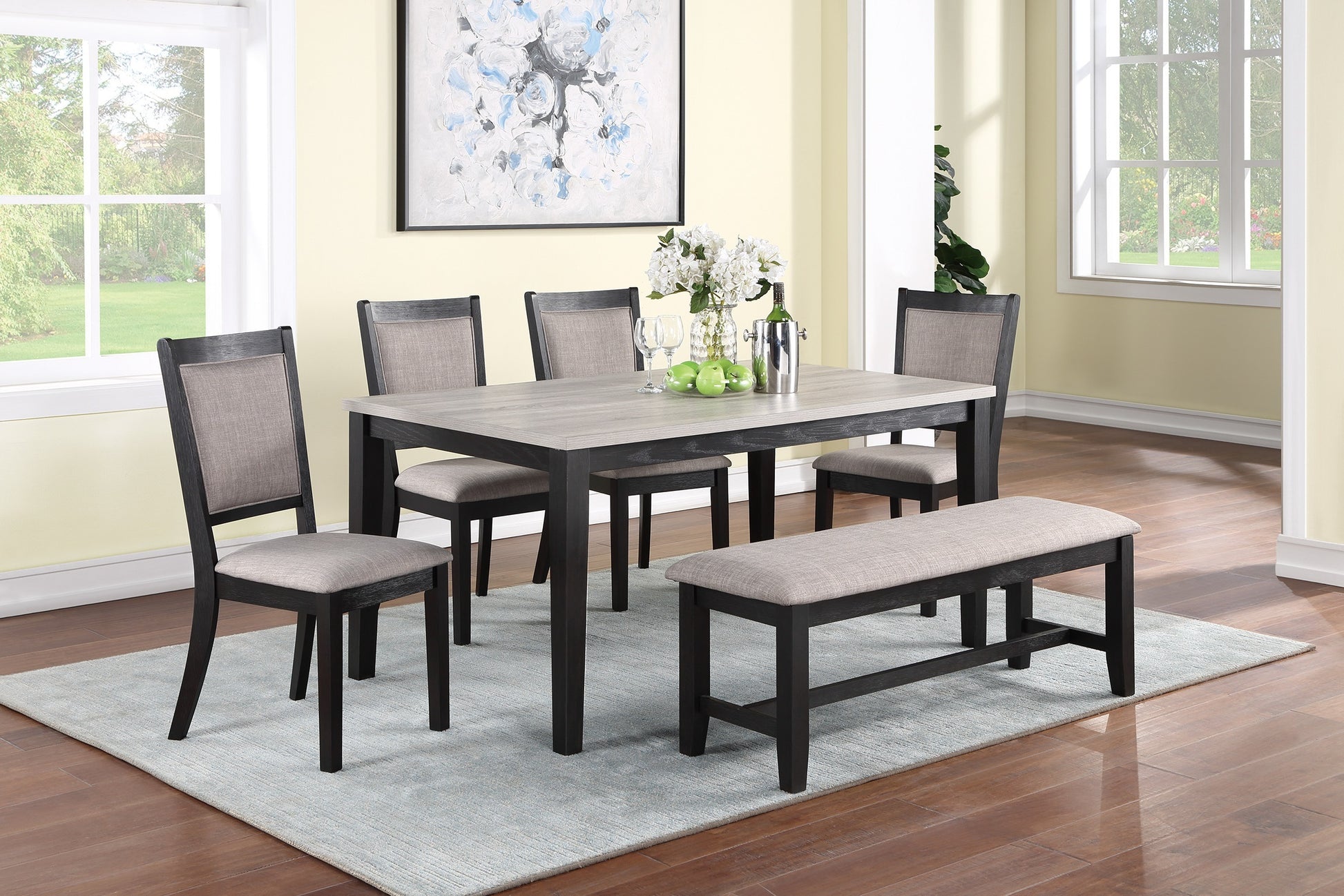 Contemporary Dining 6Pc Set Table W 4X Side Chairs And Bench Padded Upholstered Cushion Seats Chairs Solid Wood And Veneers Dining Room Furniture Wood Dining Room Bench Seating Rubberwood Rectangular Dining Table With Chair And Bench Upholstered Chair