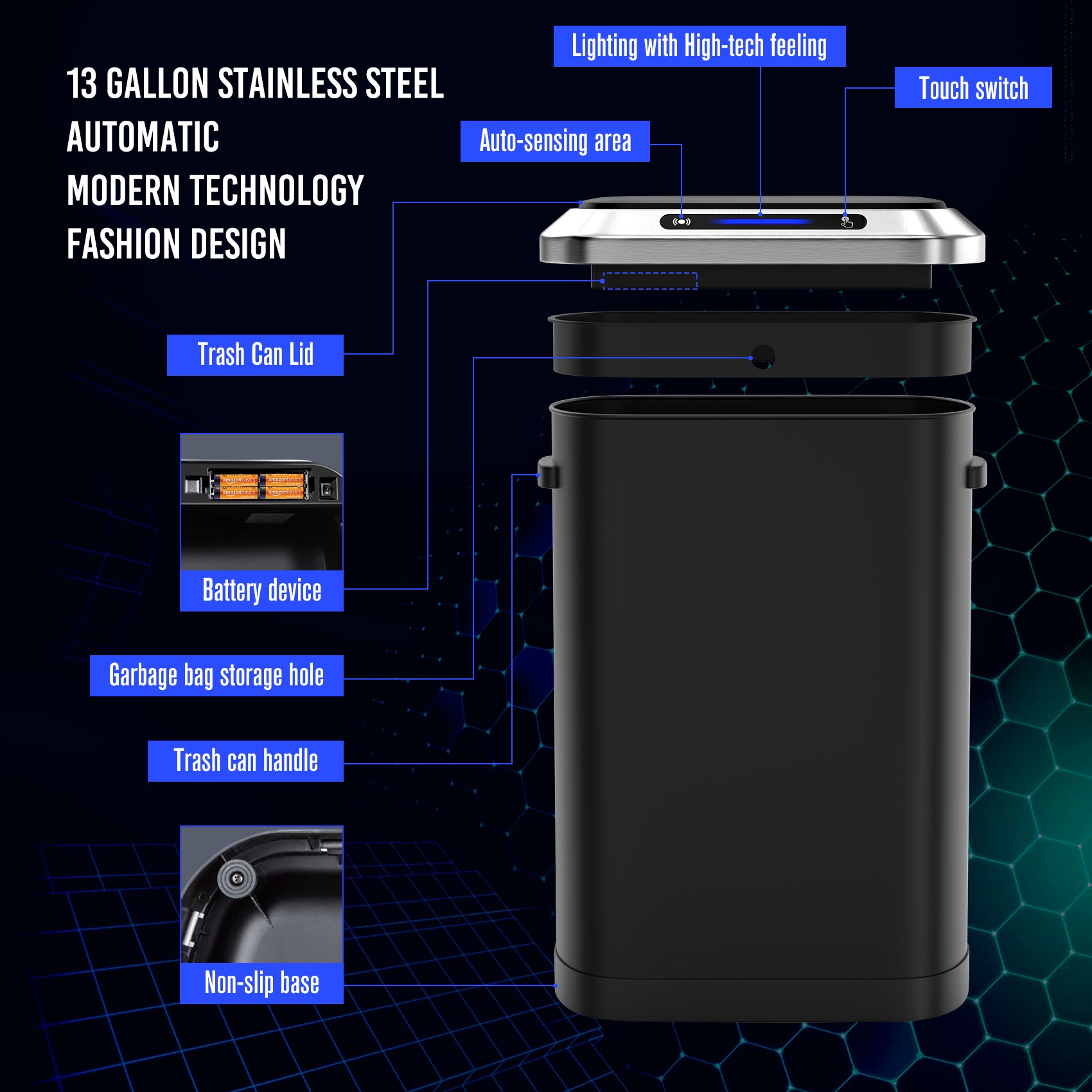 50L Smart Automatic Trash Cans Full Intelligent Sensor Black Black Steel