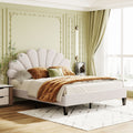 Queen Size Upholstered Platform Bed With Flower Pattern Velvet Headboard, Beige Beige Velvet