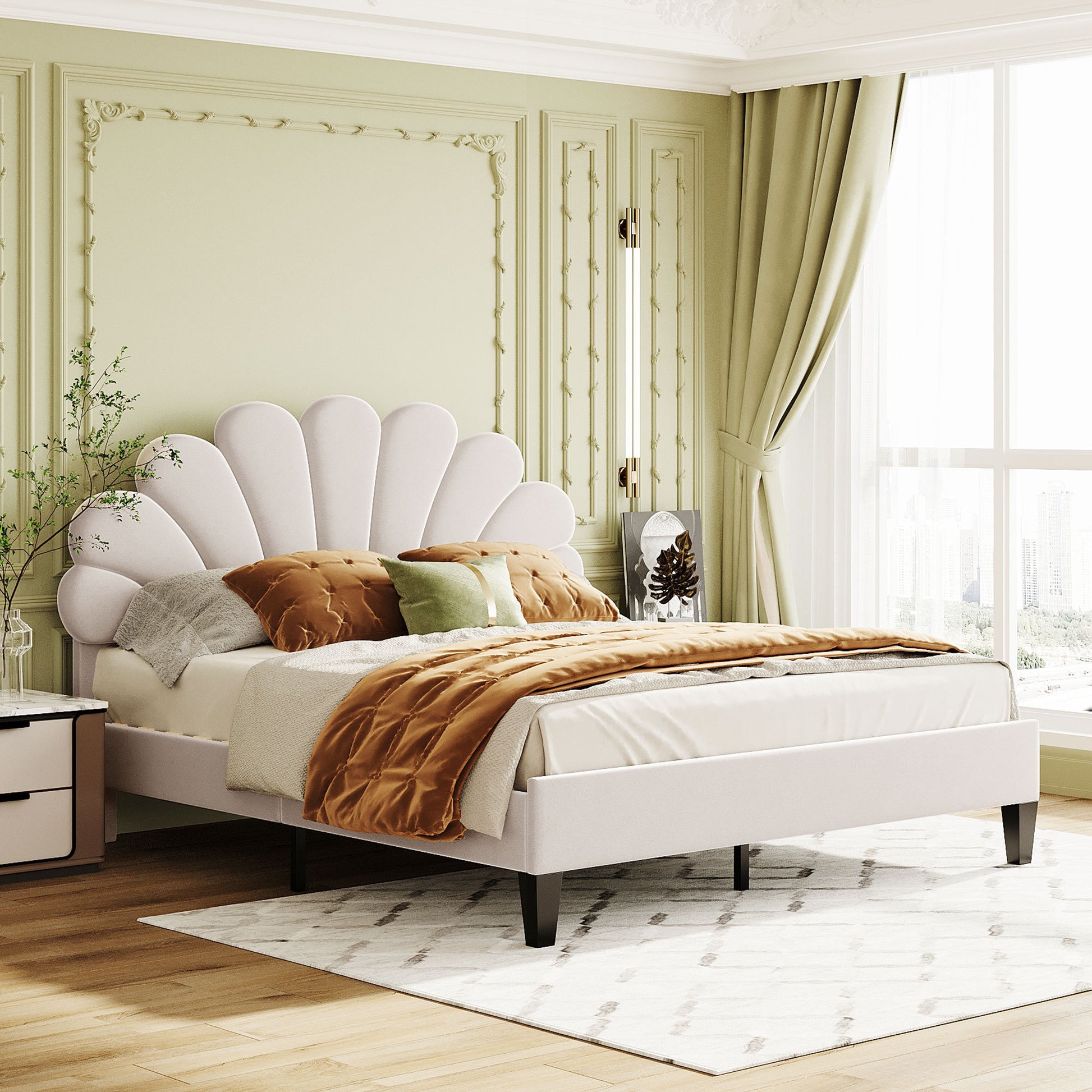 Queen Size Upholstered Platform Bed With Flower Pattern Velvet Headboard, Beige Beige Velvet