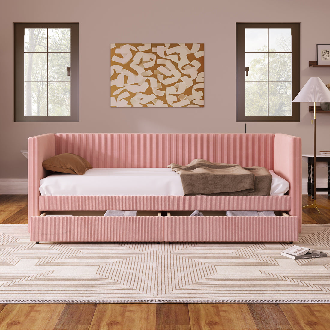 Twin Size Corduroy Daybed With Two Drawers And Wood Slat, Pink Pink Corduroy