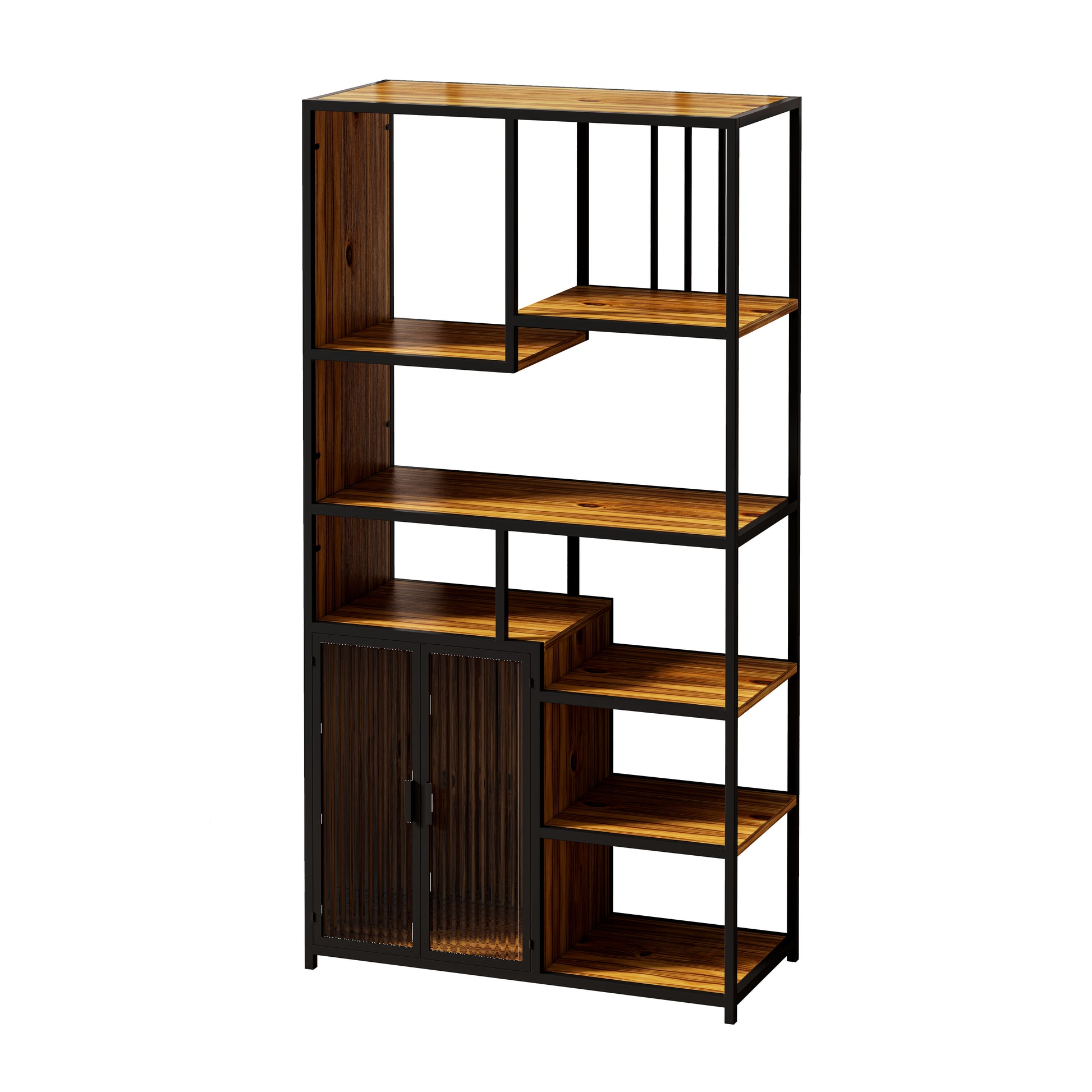 Multipurpose Bookshelf Storage Rack, Left Side With Enclosed Storage Cabinet,For Living Room,Home Office,Kitchen Black Brown Metal & Wood