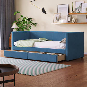 Twin Size Corduroy Daybed With Two Drawers And Wood Slat, Blue Blue Corduroy