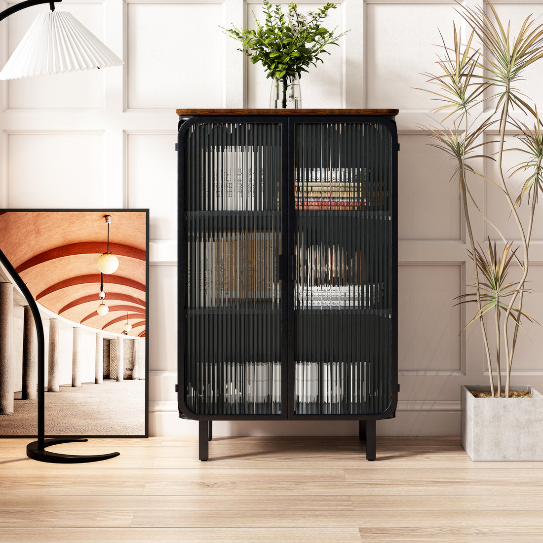 28.35"Glass Doors Modern Two Door Cabinet With Featuring Three Tier Storage,Unique Fir Cabinet Top,For Entryway,Living Room,Home Office,Dining Room Black Brown Metal & Wood