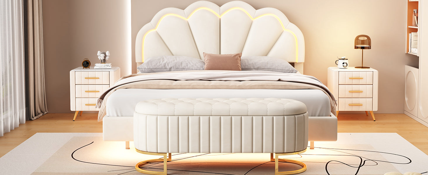 2 Pieces Bedroom Sets,Queen Size Upholstered Led Platform Bed With Storage Ottoman Velvet,Beige Beige Velvet