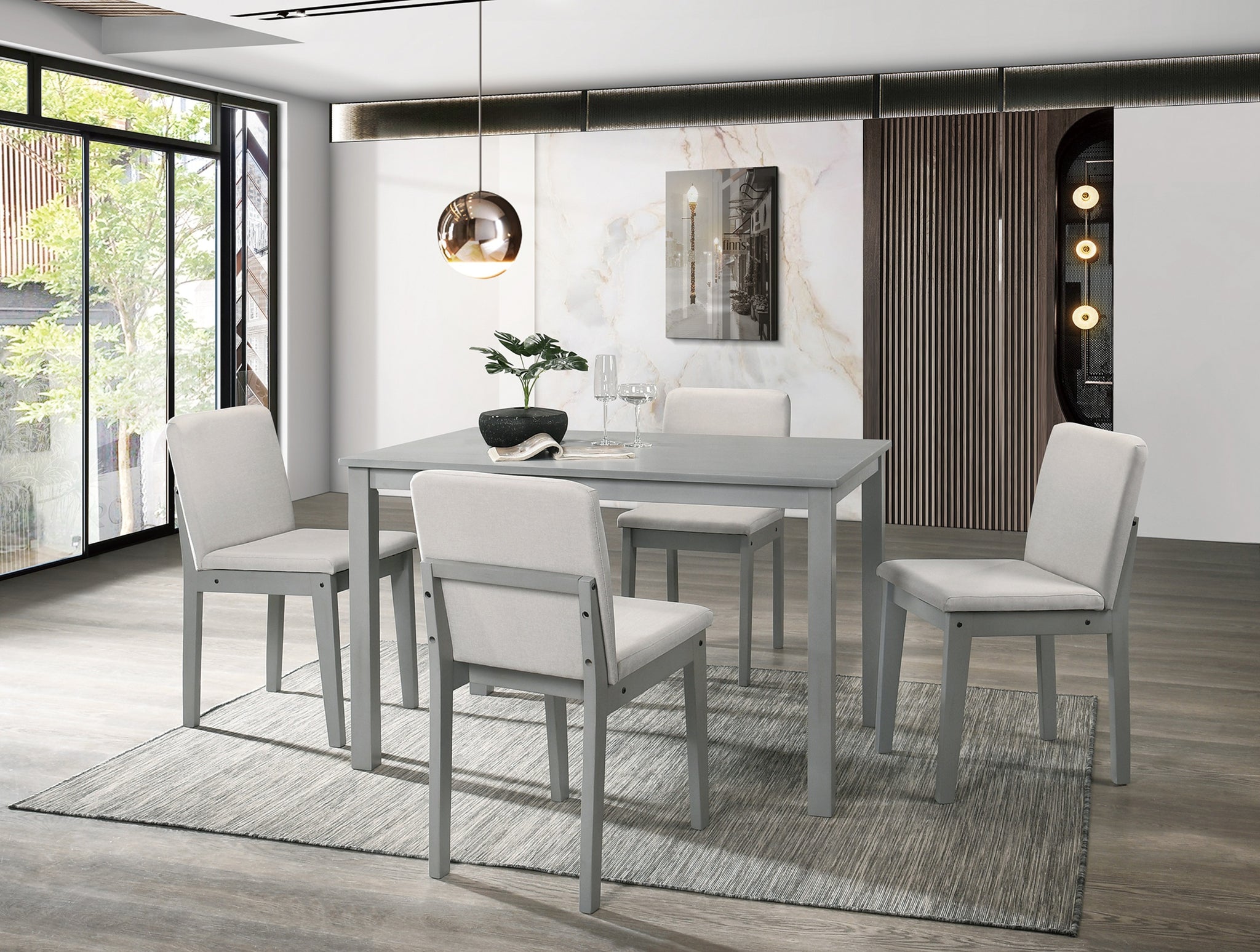 Grey Finish 5Pc Dining Room Set Dining Table 4X Chairs Beige Fabric Chair Seat Kitchen Breakfast Dining Room Furniture Rubberwood Veneer Unique Design Gray Wood Dining Room Rubberwood Rectangular Dining Table With Chair Wood Wood Gray Beige Solid Back