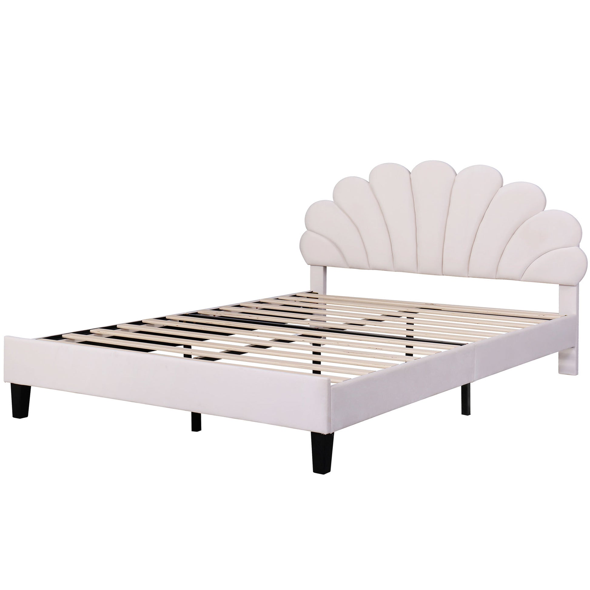 Queen Size Upholstered Platform Bed With Flower Pattern Velvet Headboard, Beige Beige Velvet