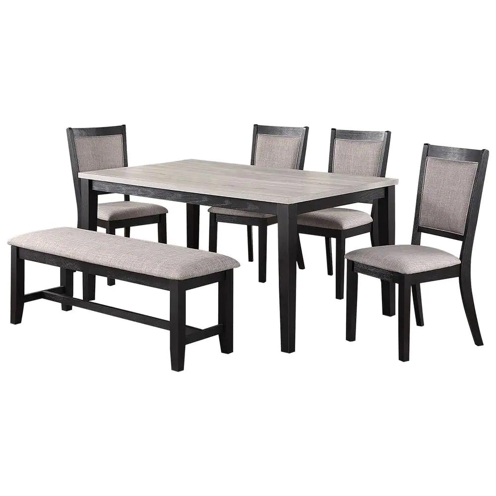 Contemporary Dining 6Pc Set Table W 4X Side Chairs And Bench Padded Upholstered Cushion Seats Chairs Solid Wood And Veneers Dining Room Furniture Wood Dining Room Bench Seating Rubberwood Rectangular Dining Table With Chair And Bench Upholstered Chair