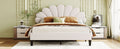 Queen Size Upholstered Platform Bed With Flower Pattern Velvet Headboard, Beige Beige Velvet