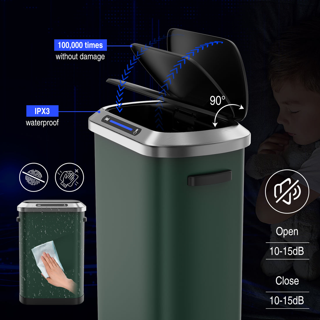 50L Smart Automatic Trash Cans Full Intelligent Sensor Green Green Steel