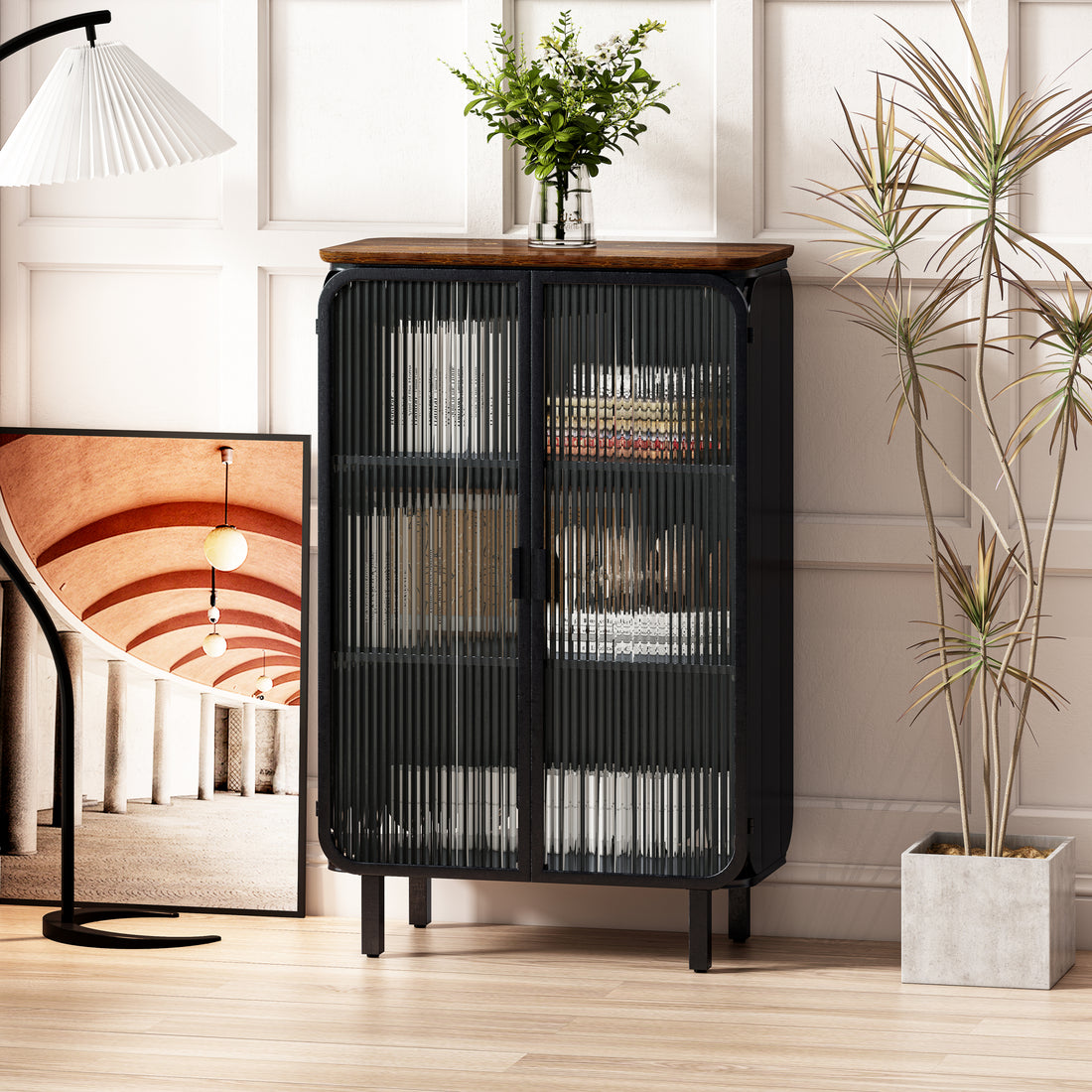 28.35"Glass Doors Modern Two Door Cabinet With Featuring Three Tier Storage,Unique Fir Cabinet Top,For Entryway,Living Room,Home Office,Dining Room Black Brown Metal & Wood