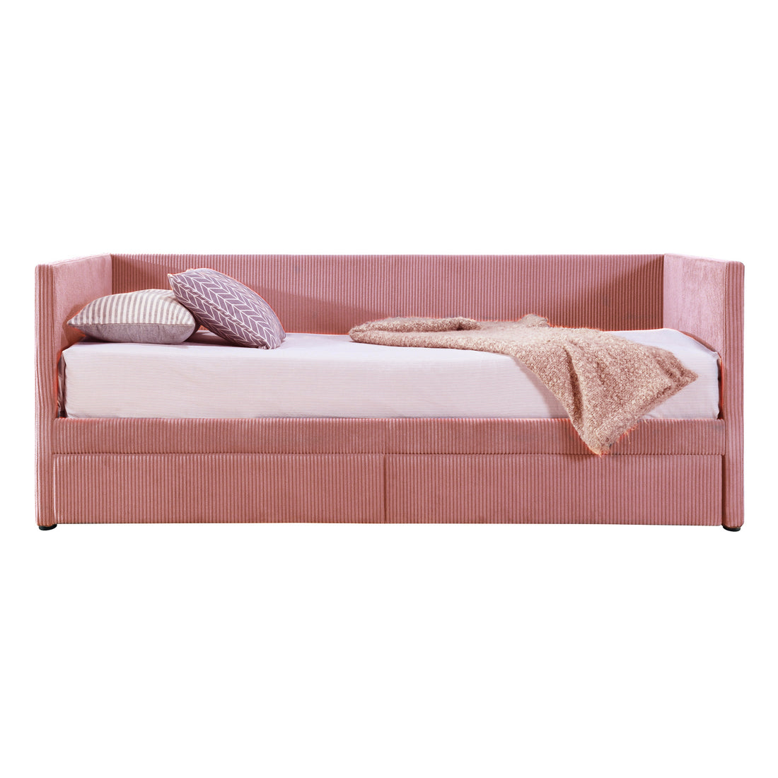 Twin Size Corduroy Daybed With Two Drawers And Wood Slat, Pink Pink Corduroy