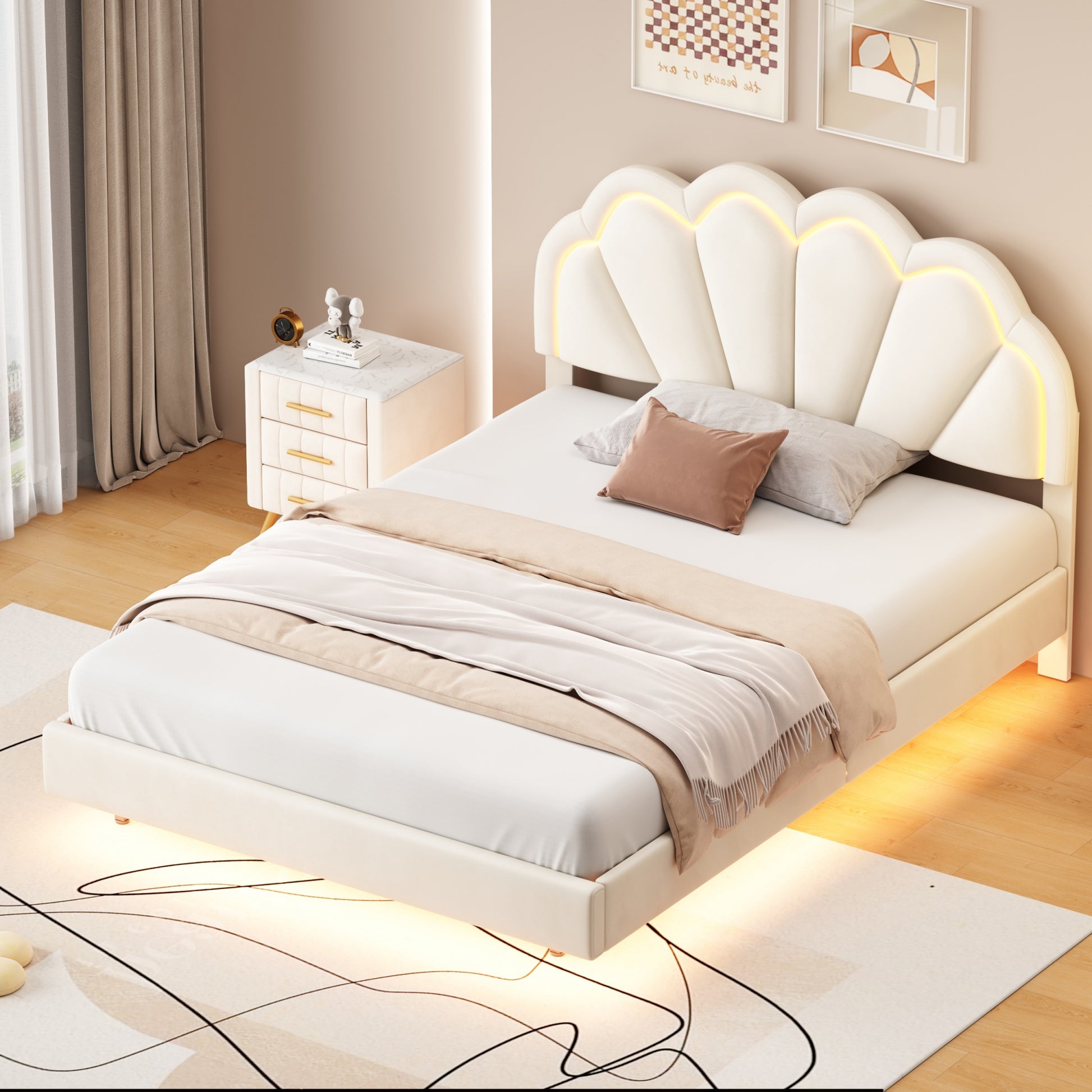 Full Upholstered Smart Led Bed Frame With Elegant Flowers Headboard,Floating Velvet Platform Led Bed With Wooden Slats Support,Beige Beige Velvet