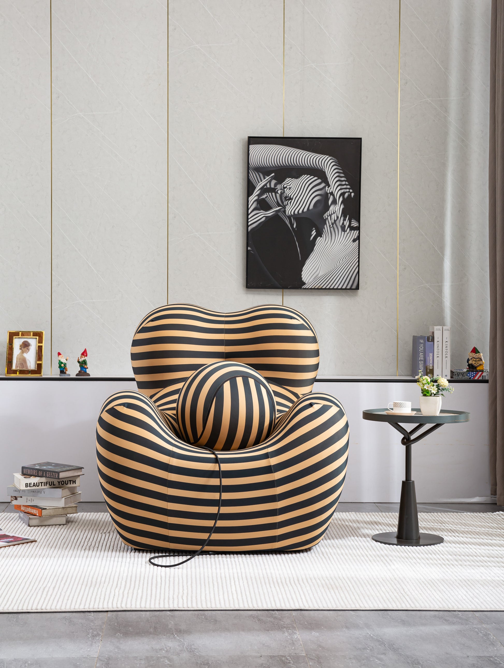 Barrel Chair With Ottoman, Mordern Comfy Stripe Chair For Living Room 3 Colors, 2 Size , Black & Yellow Stripe And Large Size Black Foam Polyester