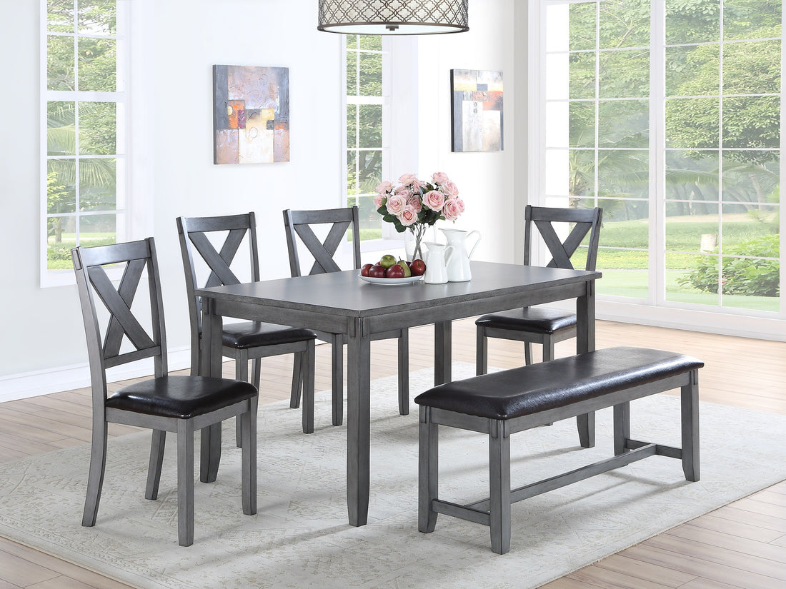 Dining Room Furniture Casual Modern 6Pc Set Dining Table 4X Side Chairs And A Bench Rubberwood And Birch Veneers Gray Finish Gray Wood Dining Room Bench Seating Birch Rectangular Dining Table With Chair And Bench Wood Wood Grey Seats 6 60 Inches