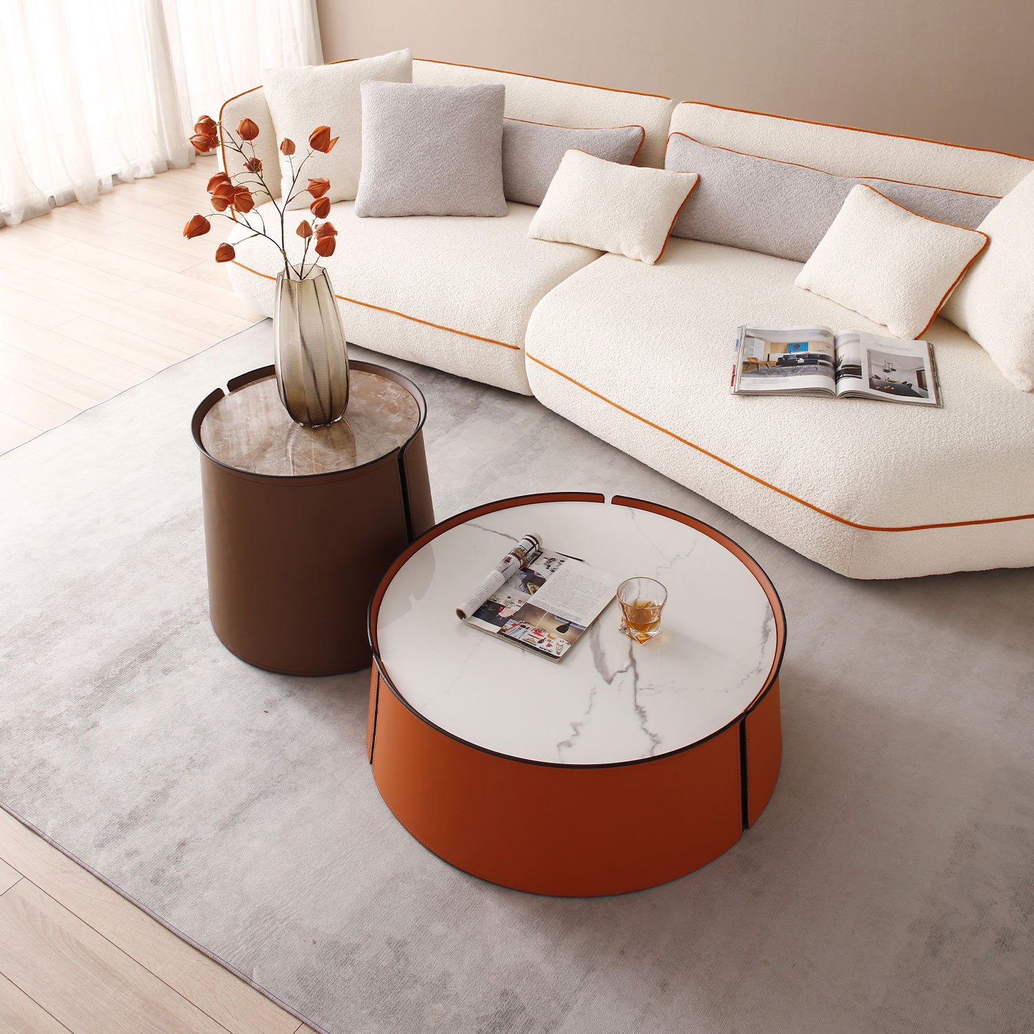 Not Available On 31.5Inch Coffee Table, Marble Top Orange Saddle Leather Body Iron Frame Orange Metal
