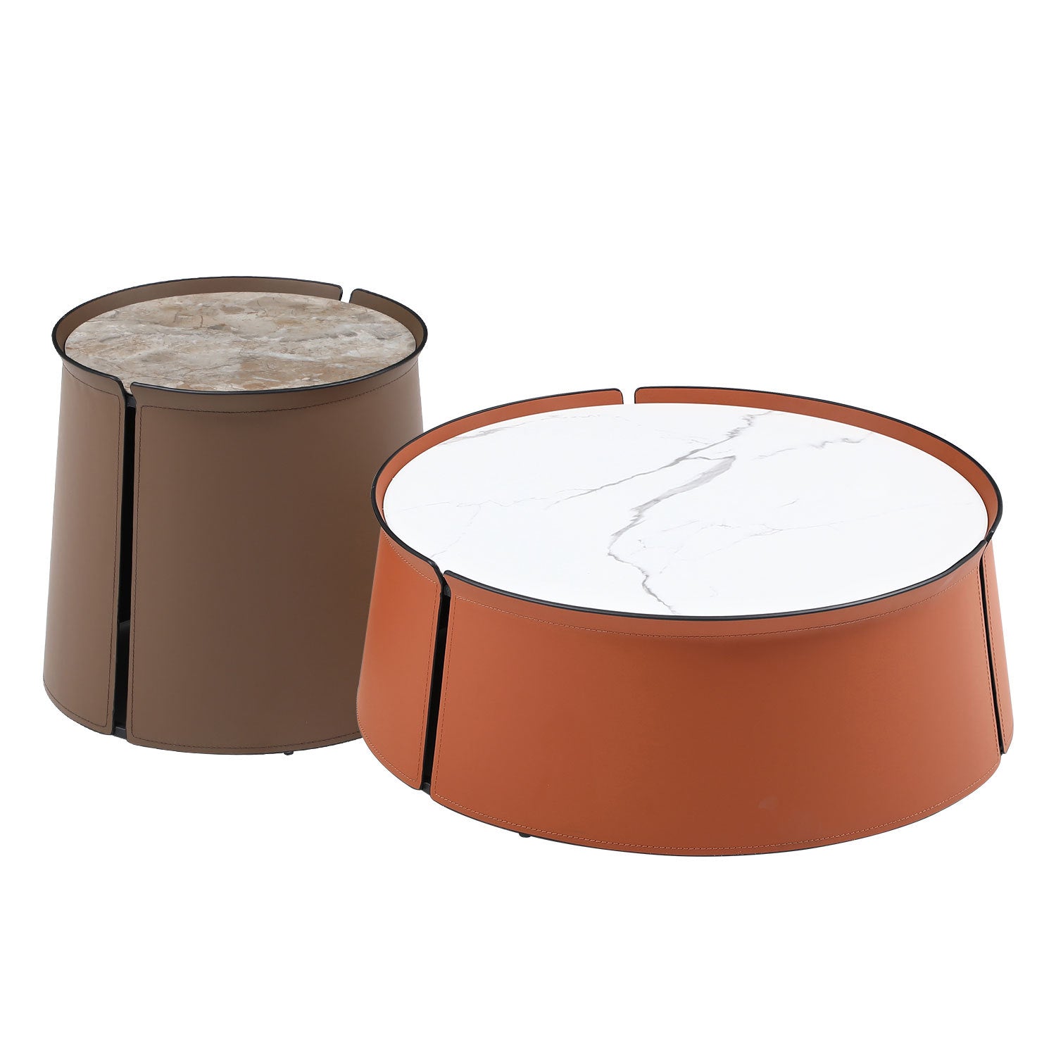 Not Available On 31.5Inch Coffee Table, Marble Top Orange Saddle Leather Body Iron Frame Orange Metal