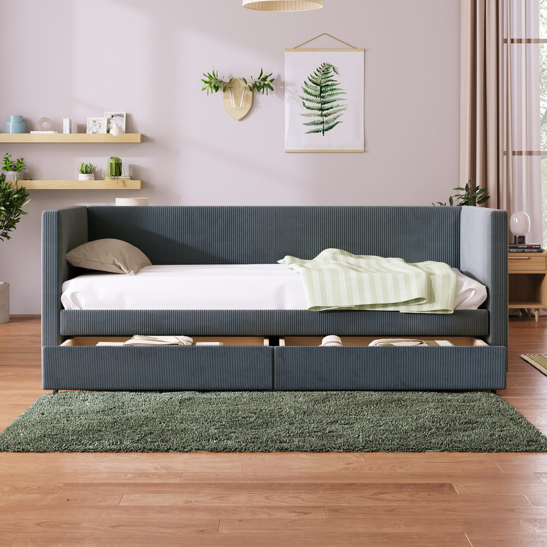 Twin Size Corduroy Daybed With Two Drawers And Wood Slat, Gray Gray Corduroy