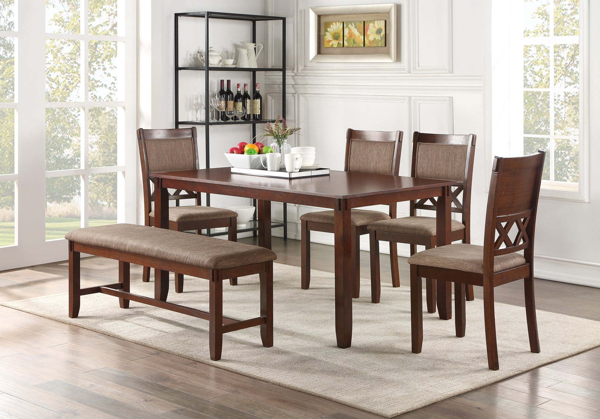 Espresso Color Dining Room Furniture Unique Modern 6Pc Set Dining Table 4X Side Chairs And A Bench Solid Wood Rubberwood And Veneers Gray Wood Dining Room Bench Seating Rubberwood Rectangular Dining Table With Chair And Bench Wood Wood Espresso Seats 6