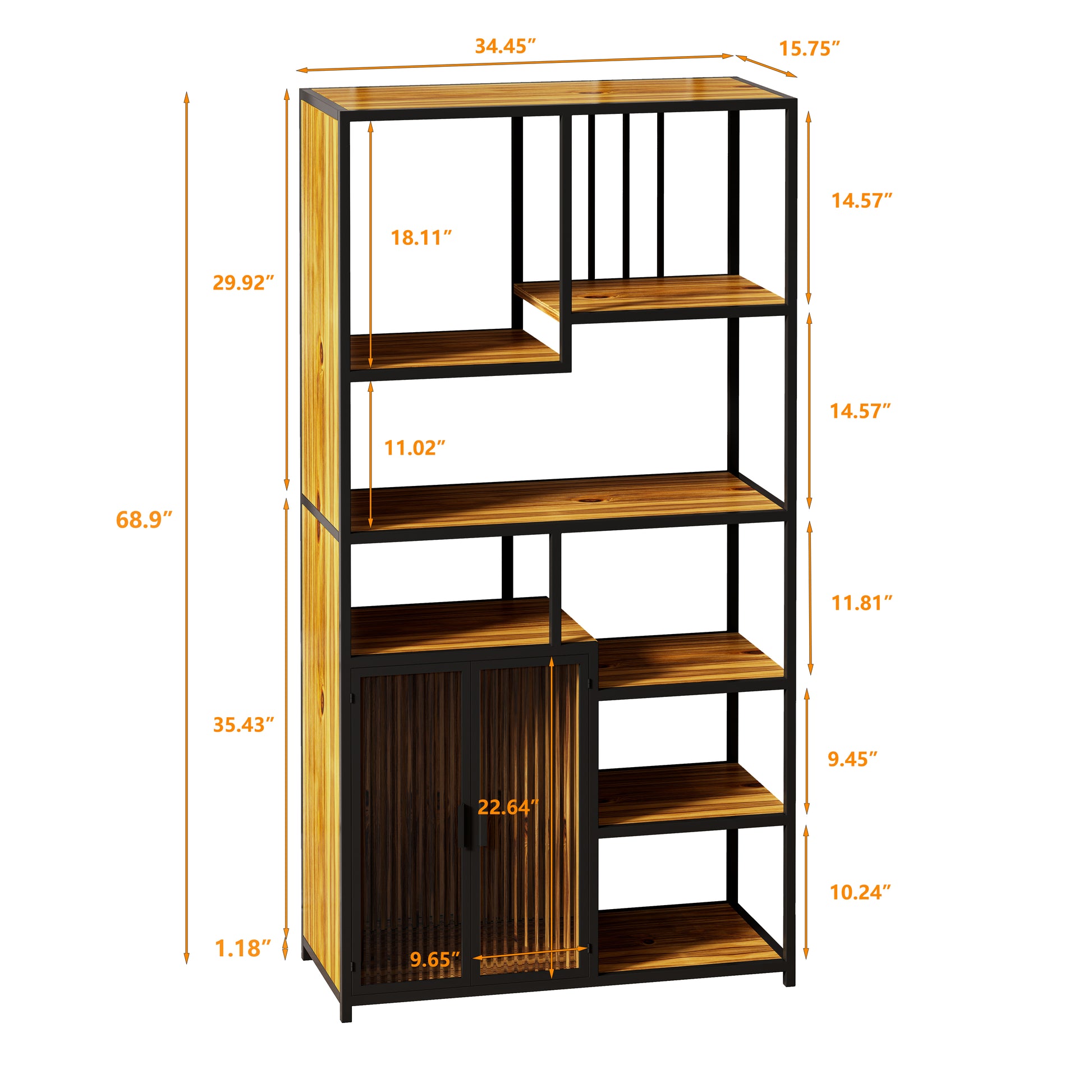 Multipurpose Bookshelf Storage Rack, Left Side With Enclosed Storage Cabinet,For Living Room,Home Office,Kitchen Black Brown Metal & Wood