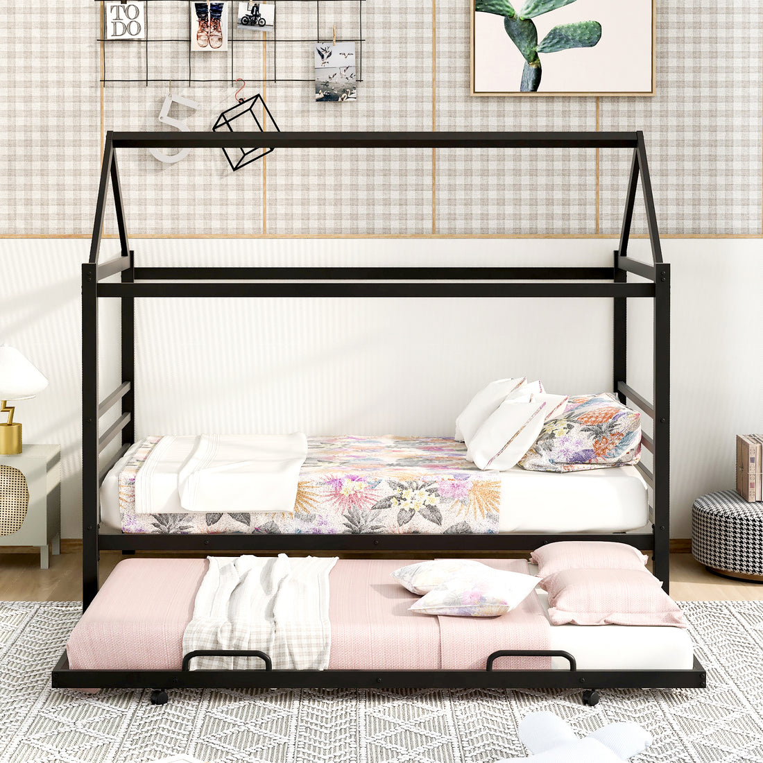 Twin Size Metal House Shape Platform Bed With Trundle,Black Box Spring Not Required Twin Black Metal Bedroom Bed Frame Metal