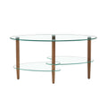 Transparent Oval Glass Coffee Table, Modern Table In Living Room Oak Wood Leg Tea Table 3 Layer Glass Table Brown Glass