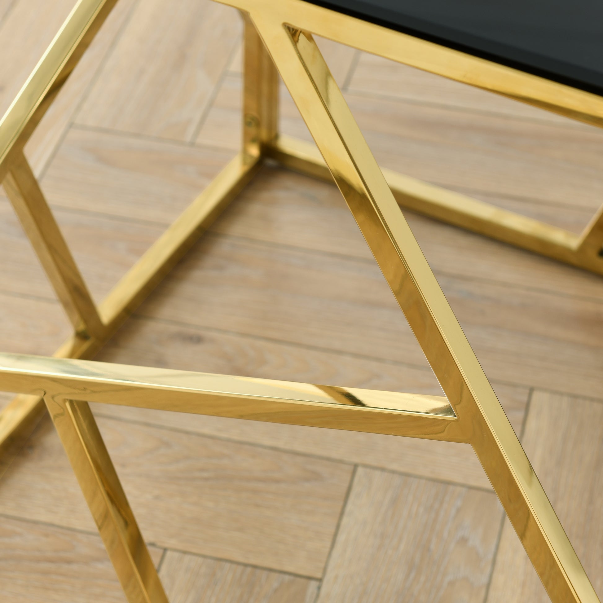 Modern Rectangular Coffee Accent Table With Black Tempered Glass Top And Stainless Steel Frame For Living Room Bedroom Gold Polished Golden Stainless Steel