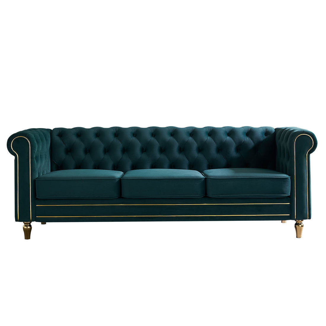 Chesterfield Velvet Sofa 84.65 Inch For Living Room Green Color Green Velvet Wood Primary Living Space Tufted Back Modern Rolled Arms Foam Velvet 3 Seat