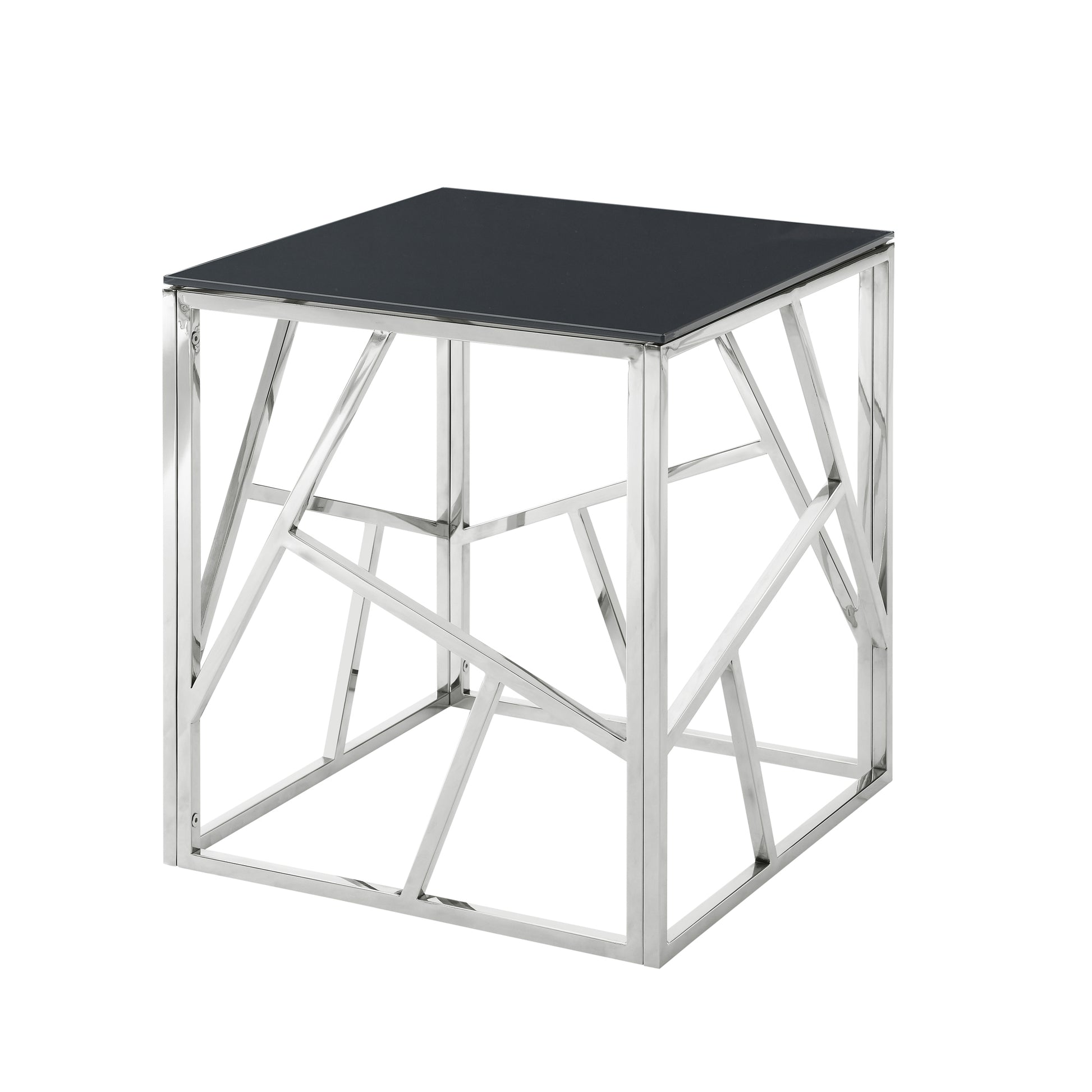 20 Inch Modern Glass End Table With Geometric Metal Frame, Accent Table Nightstand Furniture Corner Table For Living Room,Home Office,Bedroom Chrome Chrome Stainless Steel