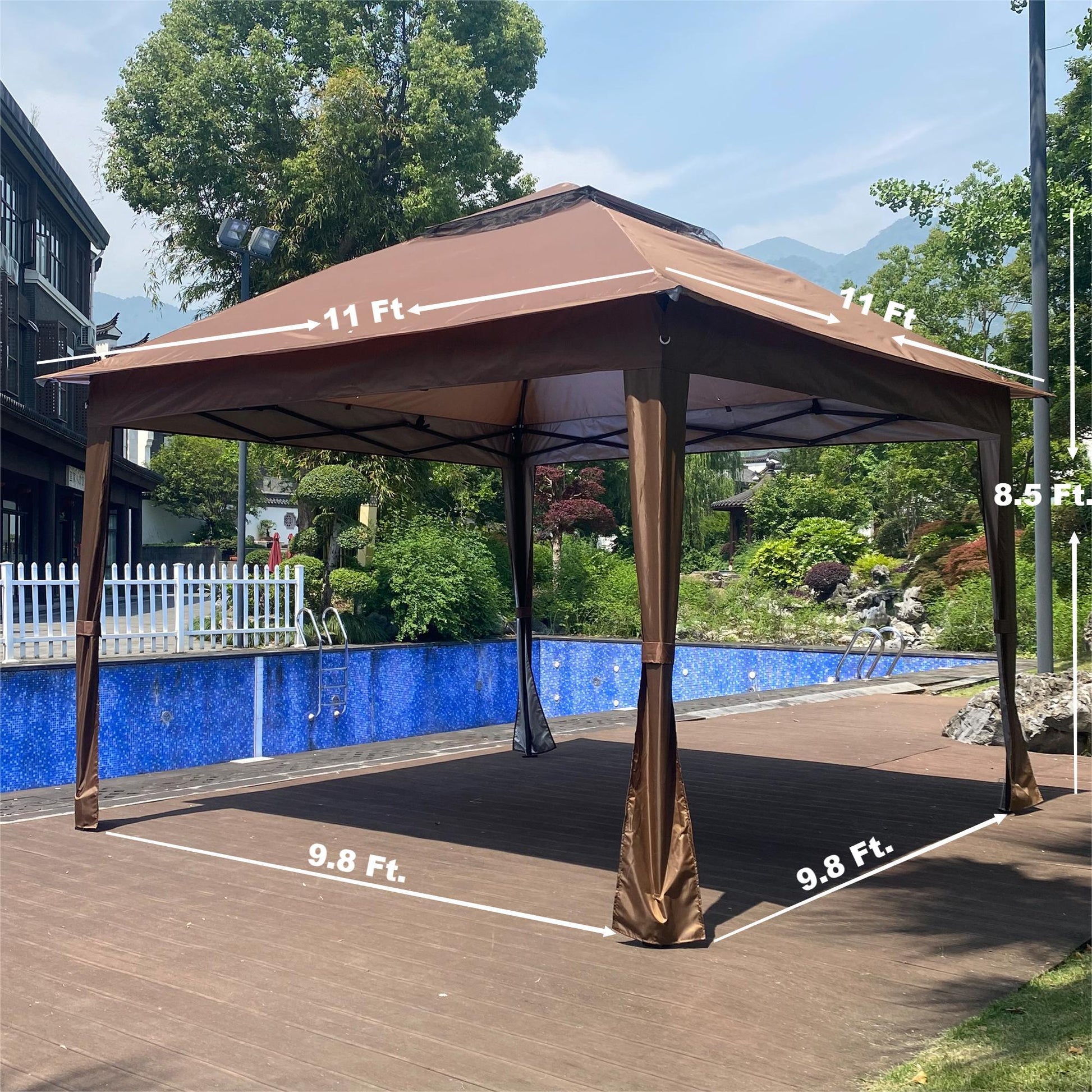 Outdoor 11X 11Ft Pop Up Gazebo Canopy With Removable Zipper Netting,2 Tier Soft Top Event Tent,Suitable For Patio Backyard Garden Camping Area With 4 Sandbags,Brown Brown Metal