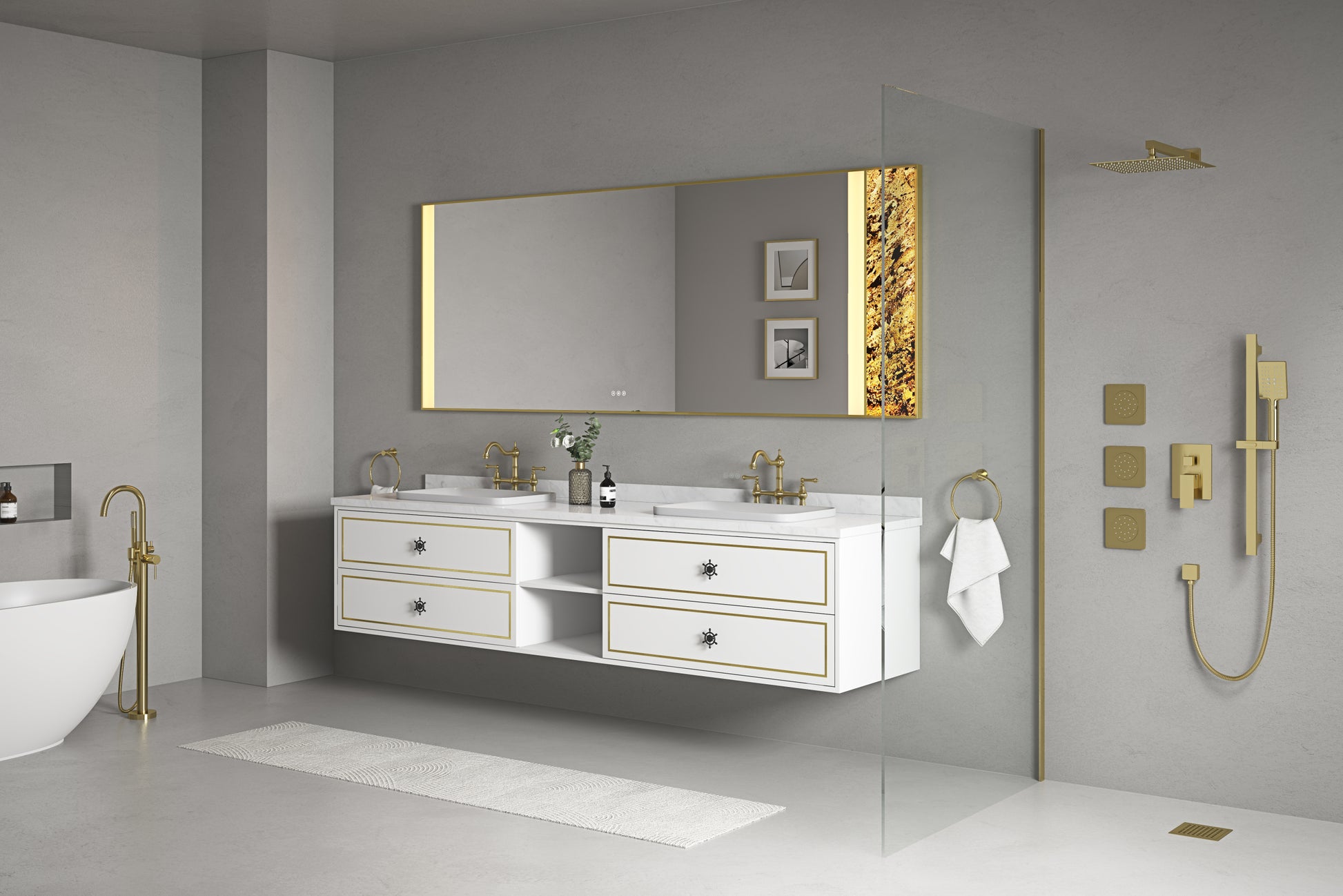 96 In. W X 23 In. D X21 In. H Double Bath Vanity In With White Carrara Top With White Sink White Abs Steel Q235 Wood Pvc