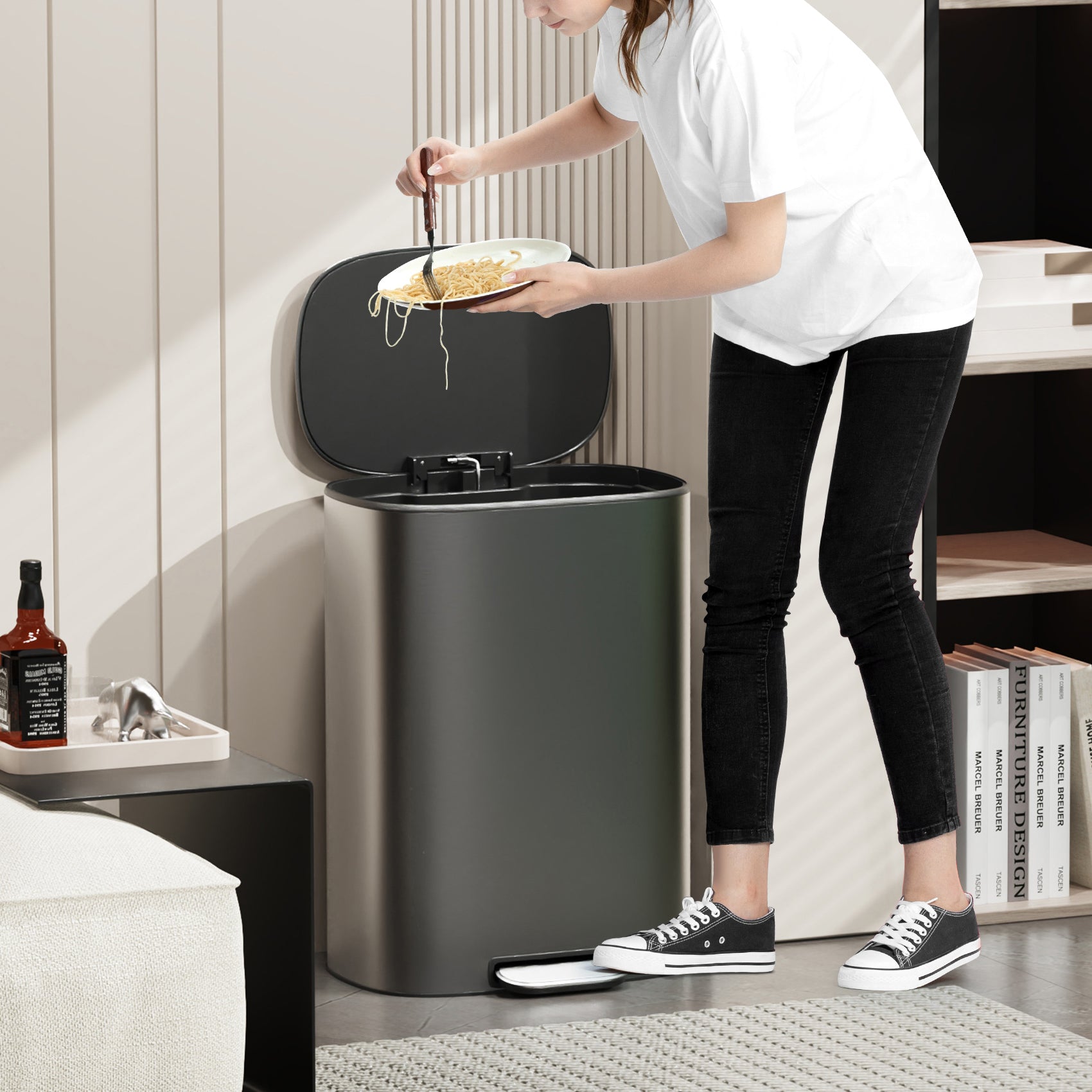 13 Gallon 50L Kitchen Foot Pedal Operated Soft Close Trash Can Stainless Steel Ellipse Bustbin S Silver Steel