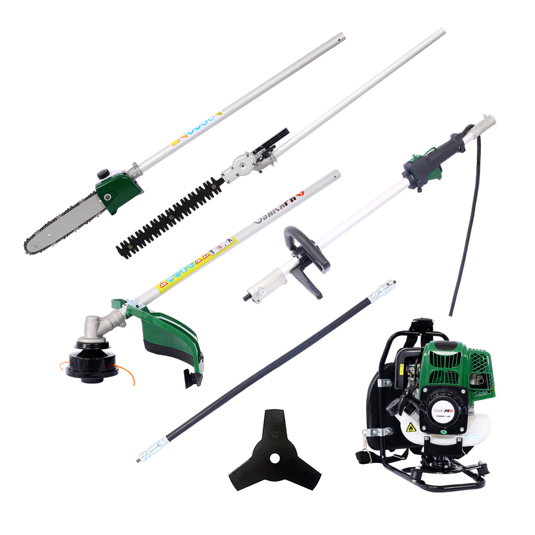 Backpack 4 In 1 Multi Functional Trimming Tool, 31Cc 4 Stroke Garden Tool System With Gas Pole Saw, Hedge Trimmer, Grass Trimmer, And Brush Cutter Epa Compliant Dark Green Plastic