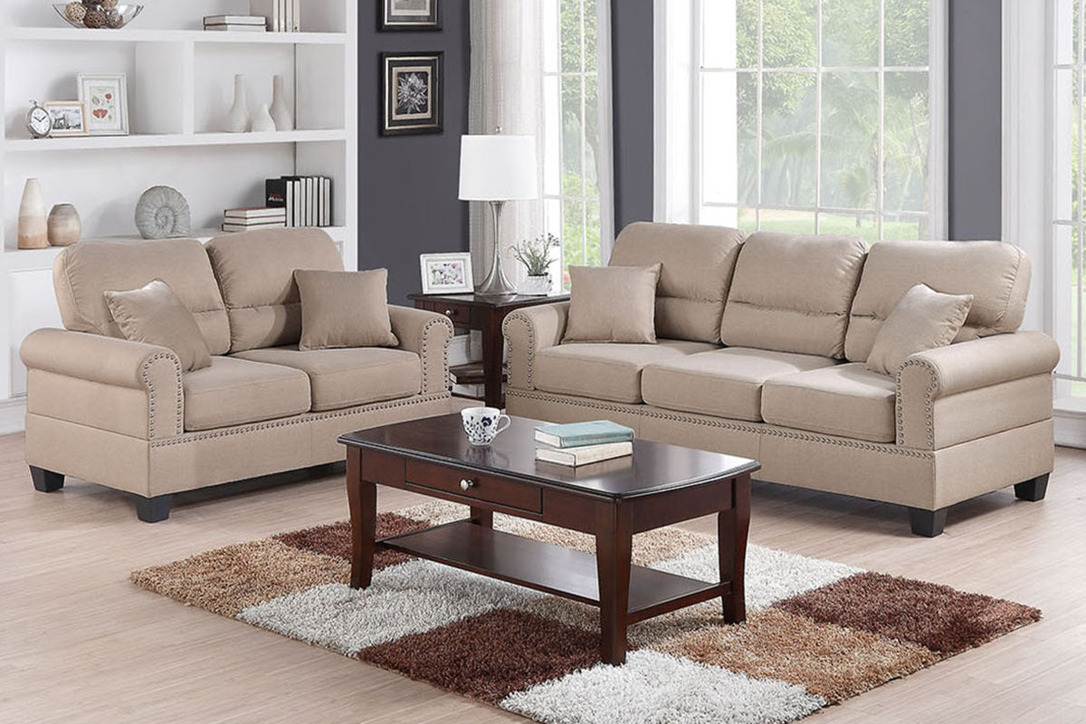Sand Polyfiber Linen Like Fabric 2Pc Sofa Set Sofa And Loveseat Elegant Plush Contemporary Couch Living Room Furniture Desert Sand Linen Wood Primary Living Space Cushion Back Classic,Contemporary,Modern Rolled Arms Foam Fabric 5 Seat
