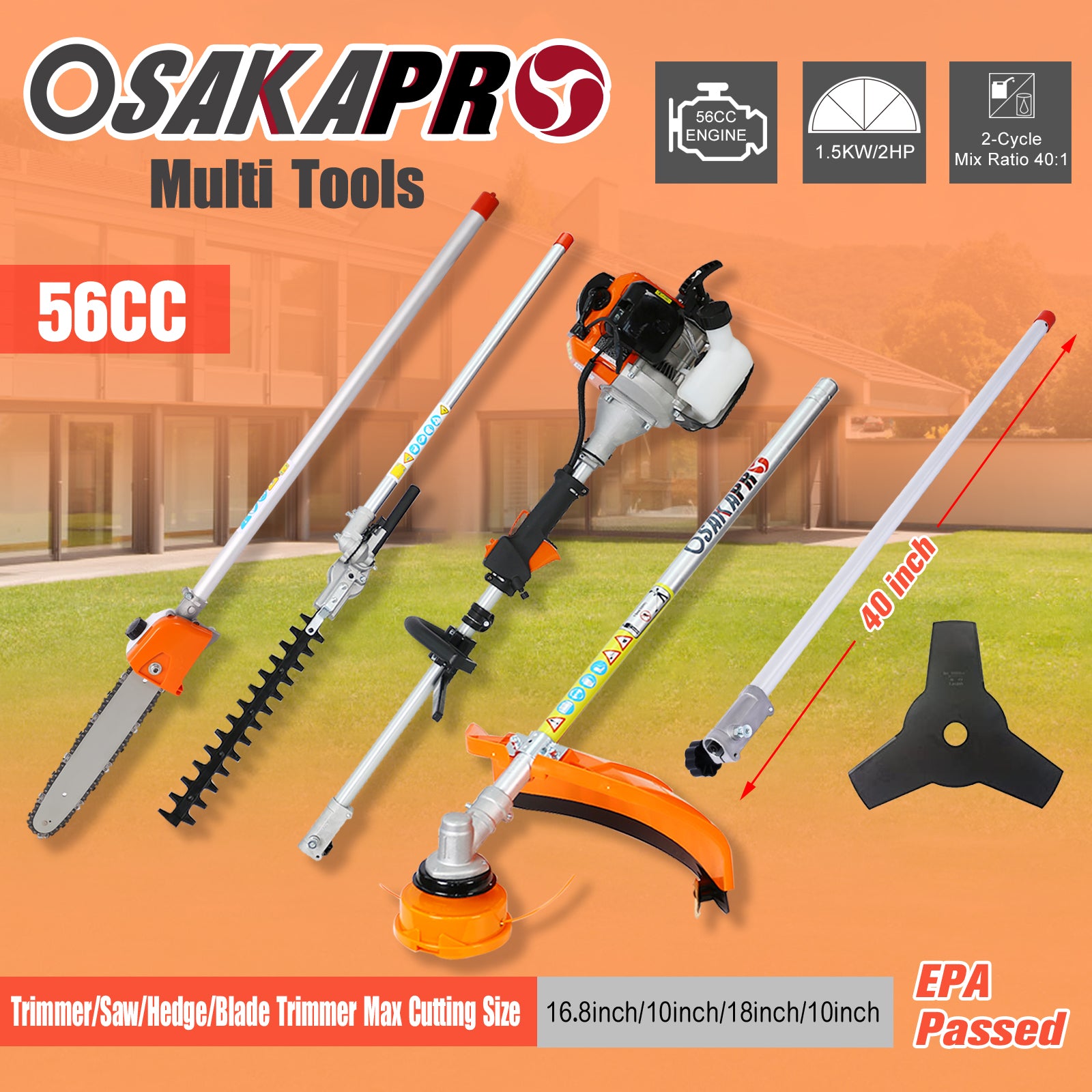 8 In 1 Multi Functional Trimming Tool, 56Cc 2 Cycle Garden Tool System With Gas Pole Saw, Hedge Trimmer, Grass Trimmer, And Brush Cutter Epa Compliant Orange Plastic