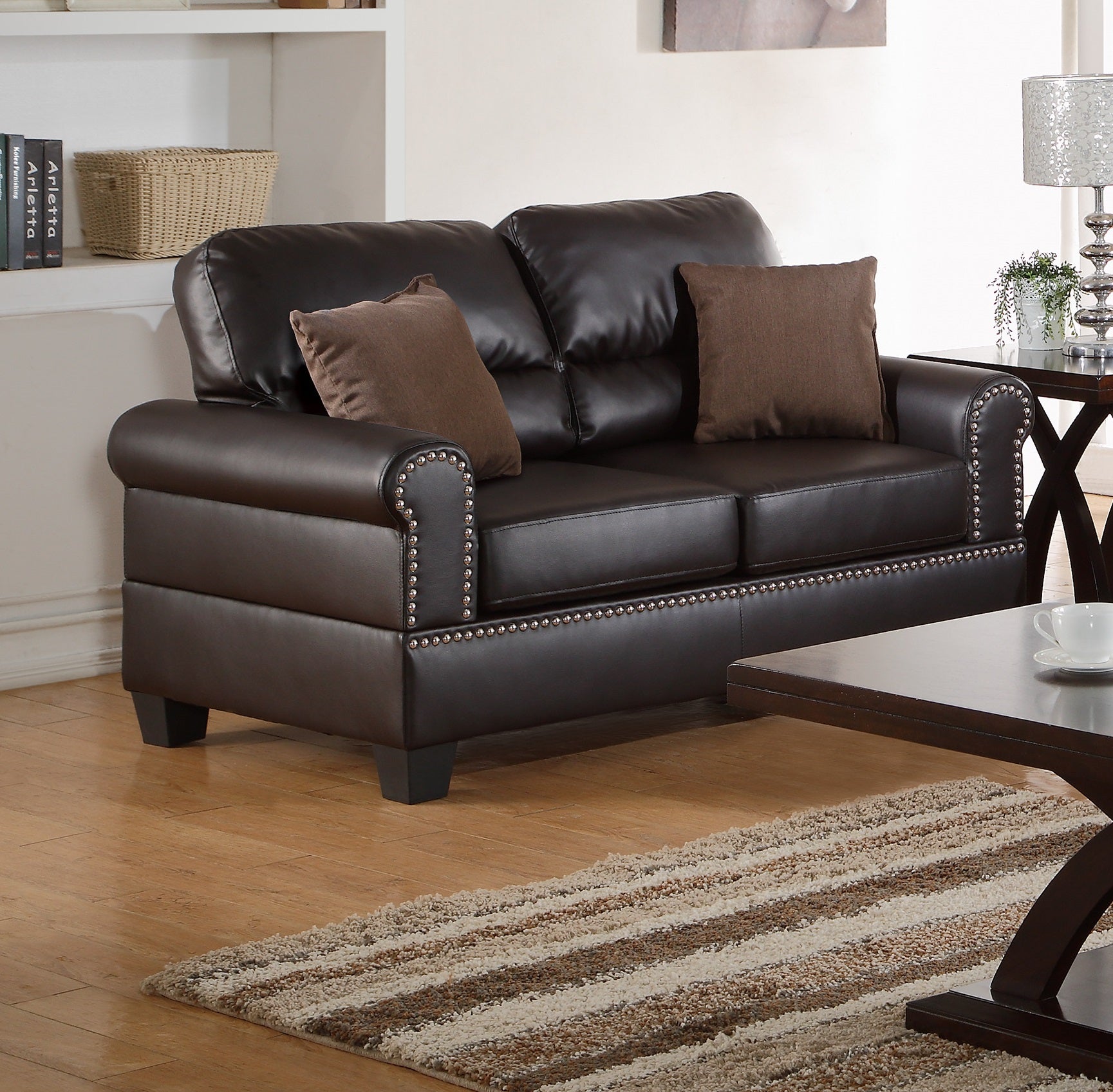 Espresso Faux Leather 2Pc Sofa Set Sofa And Loveseat Elegant Plush Contemporary Couch Living Room Furniture Espresso Espresso Faux Leather Wood Primary Living Space Cushion Back Classic,Contemporary,Modern Rolled Arms Foam Bonded Leather 5 Seat
