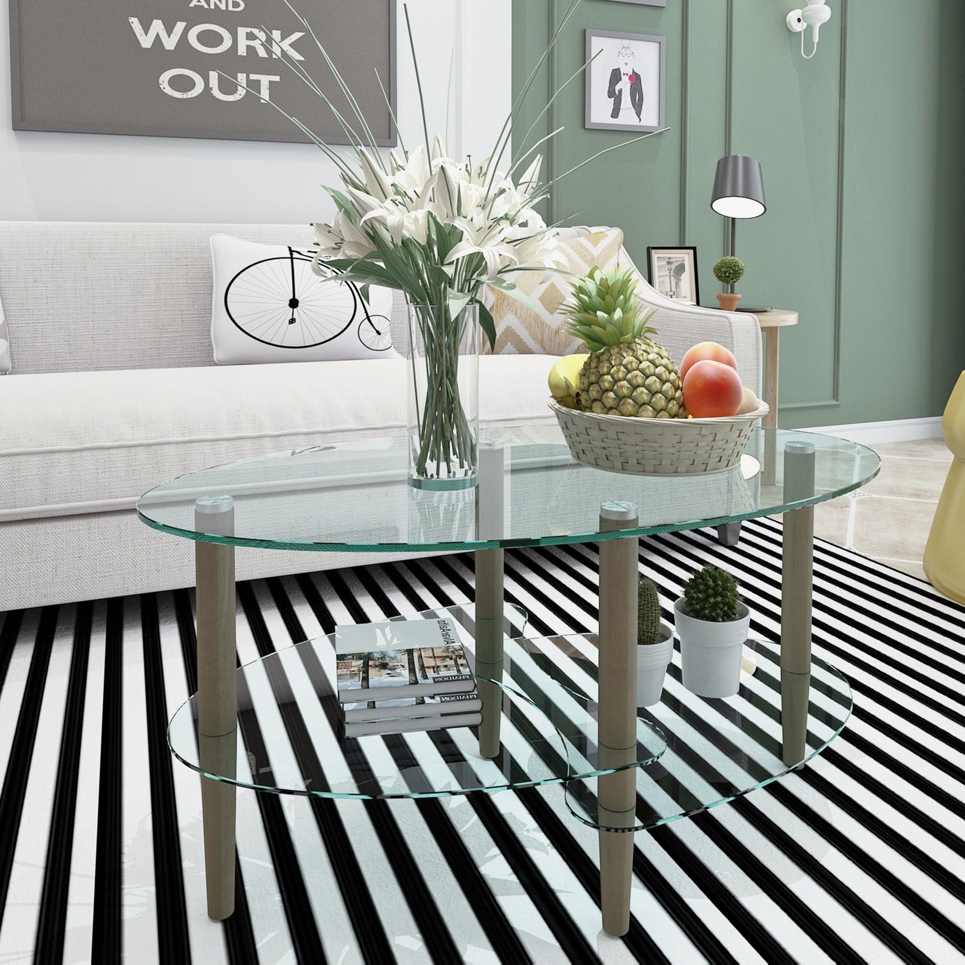 Transparent Oval Glass Coffee Table, Modern Table In Living Room Oak Wood Leg Tea Table 3 Layer Glass Table Brown Glass