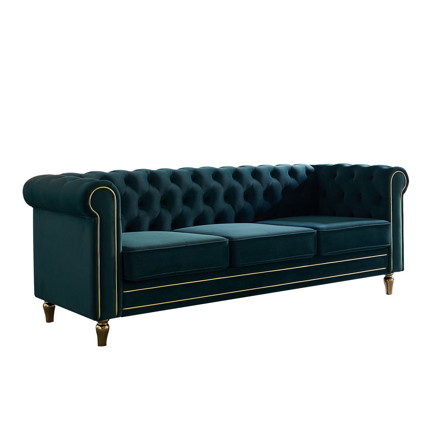 Chesterfield Velvet Sofa 84.65 Inch For Living Room Green Color Green Velvet Wood Primary Living Space Tufted Back Modern Rolled Arms Foam Velvet 3 Seat